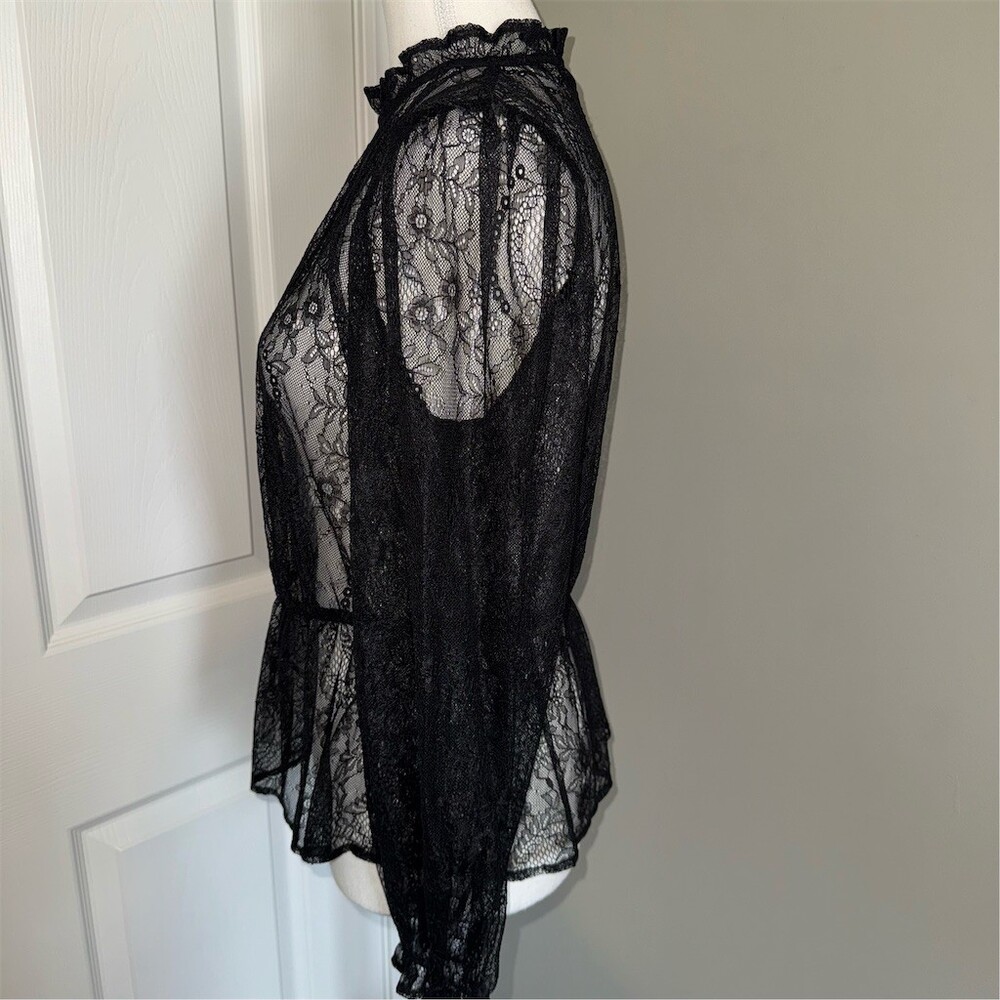 Banana Republic Blouse Womens M Petite Black Sheer Floral Lace High Neck Goth - Picture 3 of 12